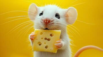 White mouse eating cheese on yellow background photo