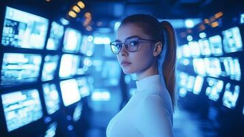 Software engineer controlling data flow on computer screens in digital futuristic room photo