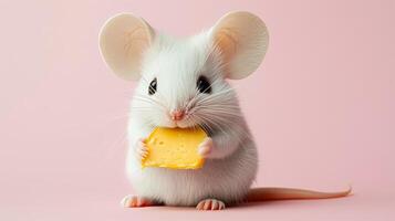 White mouse eating cheese on pink background photo