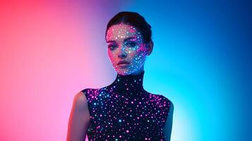 Model showing colorful led lights on skin and clothes posing in studio photo
