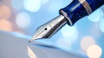 Elegant fountain pen nib reflecting on smooth surface with bokeh background photo