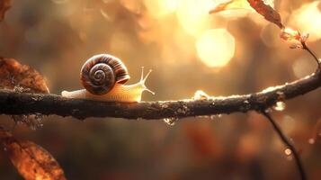 Snail crawling on a branch at sunset in autumn forest photo