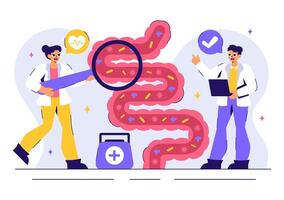 Doctor Performing Colonoscopy Illustration with Colon Examination and Bacteria Display vector