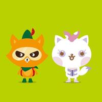 Fox Dressed as Peter Pan and Cat Holding a Book vector