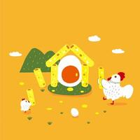 A Chicken Building a House with Egg Rolls and an Egg Door vector