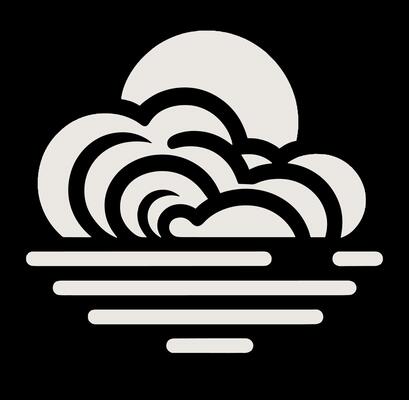 A black and white logo of a wave and clouds