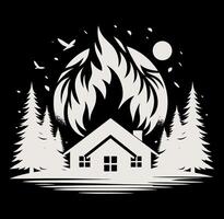 A house with flames and trees on a black background vector