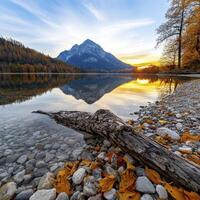 Autumn Sunset Over a Mountain Lake Reflection photo