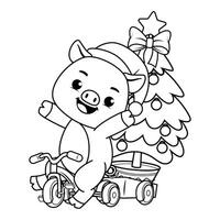 a coloring page with a pig riding a bike with a christmas tree vector