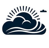 A black and white illustration of a cloud with a sun behind it vector