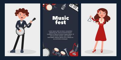 Musicians perform at a lively music festival with various instruments and enthusiastic crowd vector