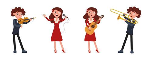 Musicians performing together with various instruments in vibrant red dresses during a concert vector