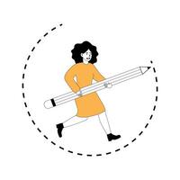 Creative woman holds oversized pencil while walking in minimalist setting vector