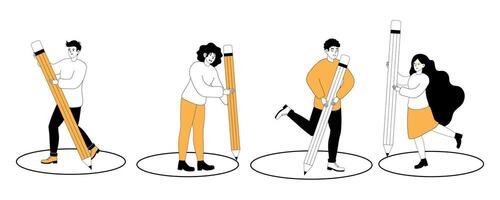 Playful interaction with giant pencils in a creative design setting vector