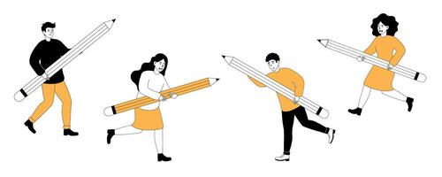 Group of people running with oversized pencils in a creative setting during a sunny day vector