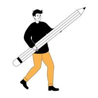 Creative person joyfully carrying a giant pencil in casual attire with a playful expression vector