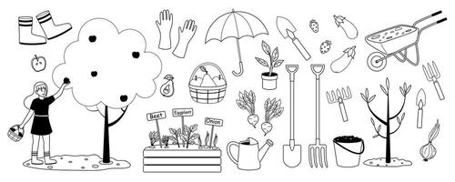 Garden activities involving tree picking, planting, and various gardening tools in a lively setting vector