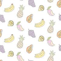 Colorful fruit pattern featuring bananas, grapes, lemons, and pineapples on a white background vector