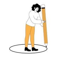 Person standing inside a circle with a giant pencil in a creative activity vector
