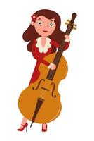 Young woman in a red dress playing a large string instrument in a playful setting vector