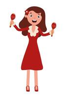 Girl in red dress joyfully playing maracas with enthusiasm at a festive event vector