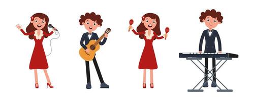 Musicians performing in colorful outfits at a lively event in a festive setting vector