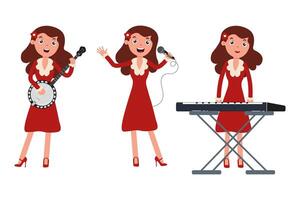 Young woman performing music with various instruments in a cheerful and colorful setting vector