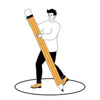 Person walking with oversized pencil in a creative studio setting vector