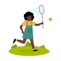 Girl Running in a Garden with a Butterfly Net on a Sunny Day vector