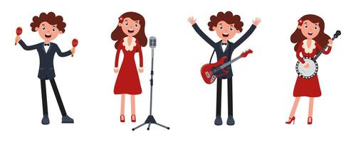 Musicians performing in colorful costumes at a lively entertainment event vector