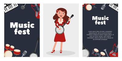 Music fest featuring a joyful girl playing the banjo with vibrant instruments in the background vector