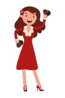 Woman in red dress proudly lifting dumbbells while smiling in a cheerful exercise pose vector