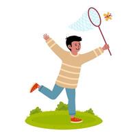 Child happily chasing a butterfly with a net in a sunny outdoor setting vector