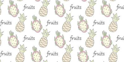 Colorful pattern of tropical fruits with pineapples and the word fruits in a playful design vector