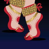 This vibrant digital illustration captures the elegance and rhythm of classical dance through the poised feet of a dancer adorned with ghungroos ,ankle bells vector