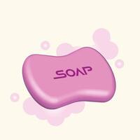 This illustration showcases a smooth, pink bar of soap with a sleek, curved design and bold typography imprinted on its surface. Surrounded by soft, floating bubbles against a light pastel background. vector