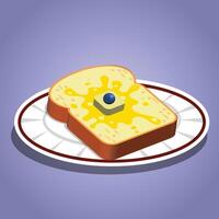 This image showcases a delicious slice of golden-brown toast topped with a melting pat of butter and a single blueberry, all served on a decorative plate. vector