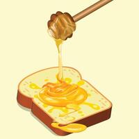 This appetizing digital illustration features a slice of freshly baked bread with a generous drizzle of rich, golden honey cascading from a traditional wooden honey dipper. vector