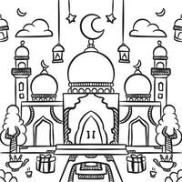 A detailed yet simplistic sketch of a mosque with domes and minarets. vector