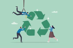 Reuse or recycle to protect environment, ESG or green ecology to preserve nature, conservative corporate responsibility, reduce pollution, environmental concept, people help connect recycle symbol. vector