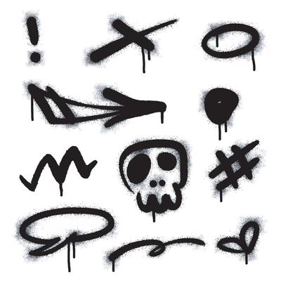 Set of graffiti image symbols. Spray painted graffiti patterns of question marks, arrows, crowns, skulls, stars, fences and punching hands. Spray paint elements. Street art style illustration.