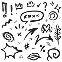 Collection of hand drawn cartoon expression marks doodles, curved direction arrows, emoticon effect design elements, cartoon character emotion symbols, cute decorative brush stroke lines. vector