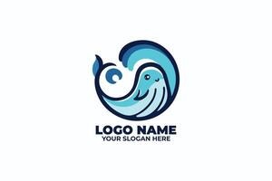 A cute, round whale with a gentle smile, seamlessly merging into a wave design. vector