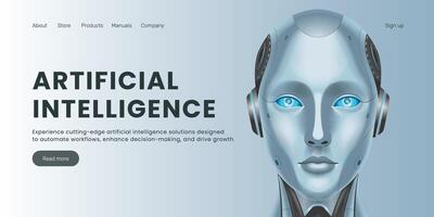 Web banner AI humanoid head front view, machine learning, landing page. vector