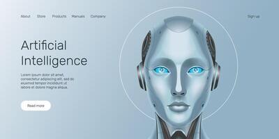 Web banner AI humanoid head front view, machine learning, neural network, landing page. vector