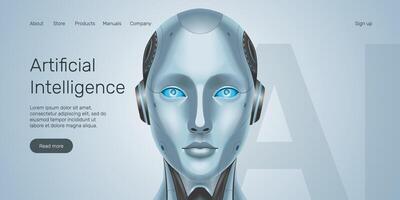Web banner AI humanoid head front view, machine learning, neural network, Artificial Intelligence landing page. vector