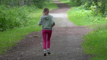 Rear view of fit woman jogging along footpath in park during physical activity, summer workout. Unrecognizable runner dressed in sportswear - hoodie, red joggers and sneakers. Zoom in, real time video
