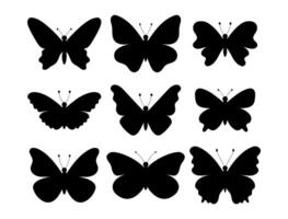 Butterflies silhouettes set. illustration. Black colored insects of different shapes with various wings. Butterfly isolated top view elements vector