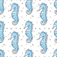 Seamless pattern with seahorse and bubbles. Marine linear illustration of sea creature. Doodle design for print, textile, banner vector