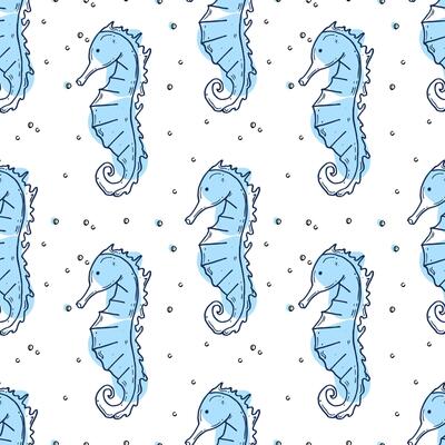 Seamless pattern with seahorse and bubbles. Marine linear illustration of sea creature. Doodle design for print, textile, banner